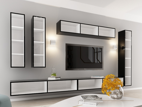 Living QUADRO 7 MDF Negru/Alb Lucios | Set Mobilier Modular Suspendat Premium Configurabil pentru un Living Modern Fără Mânere/Push to Open - Hulgo Mobili [3]
