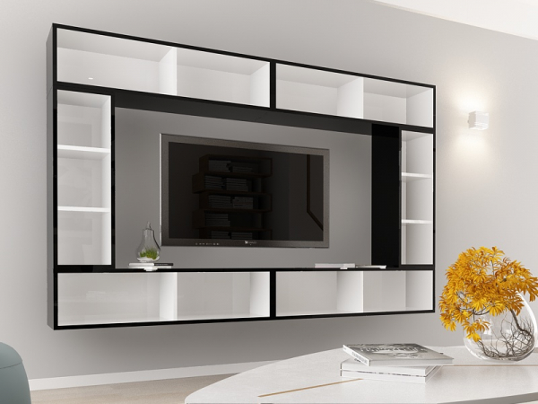 Living QUADRO 8 MDF Negru/Alb Lucios | Set Mobilier Modular Suspendat Premium Configurabil pentru un Living Modern Fără Mânere/Push to Open - Hulgo Mobili [4]