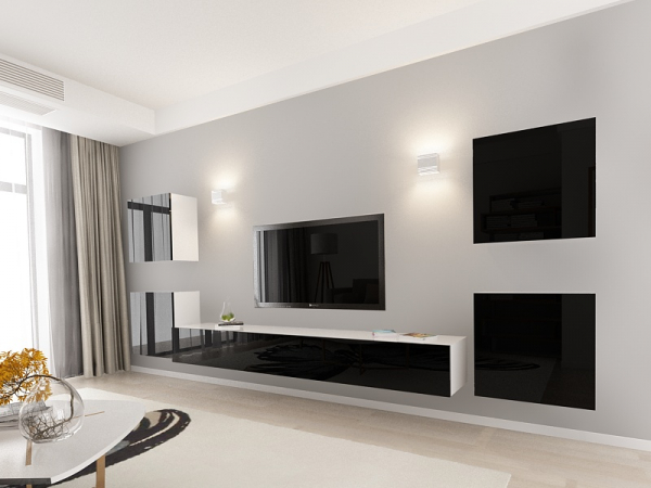 Living QUADRO 9 MDF Alb/Negru Lucios | Set Mobilier Modular Suspendat Premium Configurabil pentru un Living Modern Fără Mânere/Push to Open - Hulgo Mobili [3]