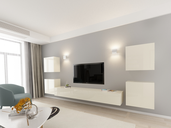 Living QUADRO 9 MDF Crem Lucios | Set Mobilier Modular Suspendat Premium Configurabil pentru un Living Modern Fără Mânere/Push to Open - Hulgo Mobili [2]