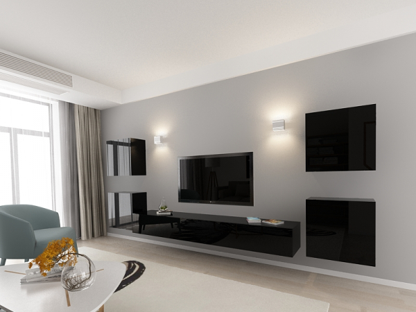 Living QUADRO 9 MDF Negru Lucios | Set Mobilier Modular Suspendat Premium Configurabil pentru un Living Modern Fără Mânere/Push to Open - Hulgo Mobili [3]