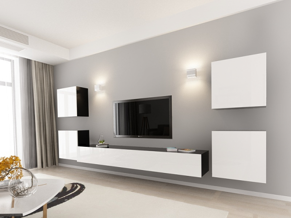 Living QUADRO 9 MDF Negru/Alb Lucios | Set Mobilier Modular Suspendat Premium Configurabil pentru un Living Modern Fără Mânere/Push to Open - Hulgo Mobili [2]