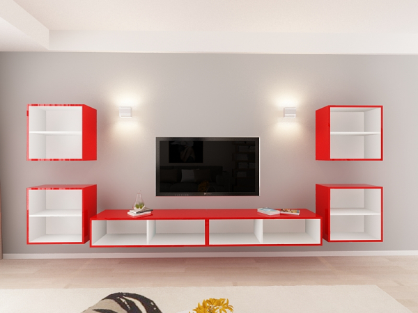 Living QUADRO 9 MDF Rosu Lucios | Set Mobilier Modular Suspendat Premium Configurabil pentru un Living Modern Fără Mânere/Push to Open - Hulgo Mobili [4]