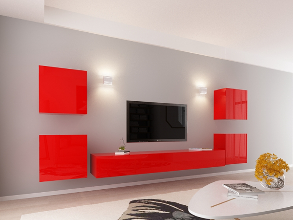 Living QUADRO 9 MDF Rosu Lucios | Set Mobilier Modular Suspendat Premium Configurabil pentru un Living Modern Fără Mânere/Push to Open - Hulgo Mobili [3]