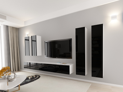 Living QUADRO 19 MDF Alb/Negru Lucios | Set Mobilier Modular Suspendat Premium Configurabil pentru un Living Modern Fără Mânere/Push to Open - Hulgo Mobili [1]