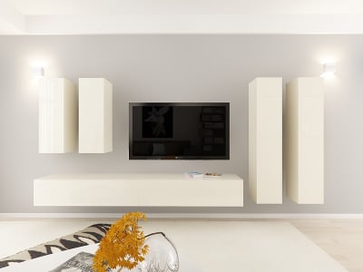 Living QUADRO 19 MDF Crem Lucios | Set Mobilier Modular Suspendat Premium Configurabil pentru un Living Modern Fără Mânere/Push to Open