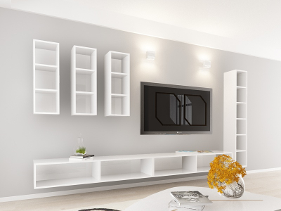 Living QUADRO 5 MDF Alb/Negru Lucios | Set Mobilier Modular Suspendat Premium Configurabil pentru un Living Modern Fără Mânere/Push to Open - Hulgo Mobili [3]