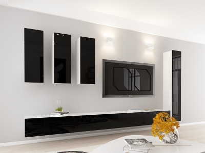 Living QUADRO 5 MDF Alb/Negru Lucios | Set Mobilier Modular Suspendat Premium Configurabil pentru un Living Modern Fără Mânere/Push to Open - Hulgo Mobili [2]