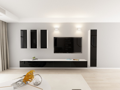 Living QUADRO 5 MDF Alb/Negru Lucios | Set Mobilier Modular Suspendat Premium Configurabil pentru un Living Modern Fără Mânere/Push to Open - Hulgo Mobili