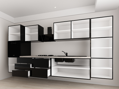 Evora 3 MDF Negru Lucios - Set Mobilă Bucătărie Modulară Modernă MDF 3.6m Premium Configurabilă Deschidere Prin Apăsare Fără Mânere/Push to Open Design Integral Suspendat Personalizabil - Hulgo Mobili [3]