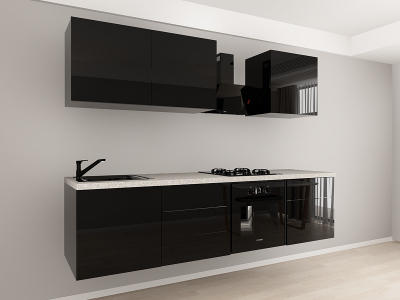 Evora 6 MDF Negru Lucios - Set Mobilă Bucătărie Modulară Modernă MDF 2.4m Premium Configurabilă Deschidere Prin Apăsare Fără Mânere/Push to Open Design Integral Suspendat Personalizabil - Hulgo Mobili [5]