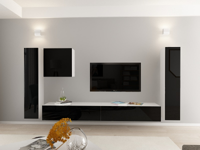 Colectia QUADRO - Living QUADRO 1 MDF Alb/Negru Lucios | Set Mobilier Modular Suspendat Premium Configurabil pentru un Living Modern Fără Mânere/Push to Open - Hulgo Mobili