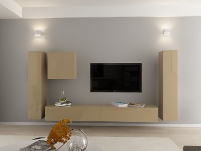 Living QUADRO 1 MDF Cappuccino Lucios | Set Mobilier Modular Suspendat Premium Configurabil pentru un Living Modern Fără Mânere/Push to Open - Hulgo Mobili