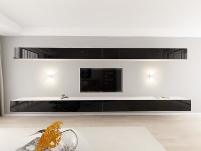 Seturi Living QUADRO - Living QUADRO 11 MDF Alb/Negru Lucios | Set Mobilier Modular Suspendat Premium Configurabil pentru un Living Modern Fără Mânere/Push to Open - Hulgo Mobili
