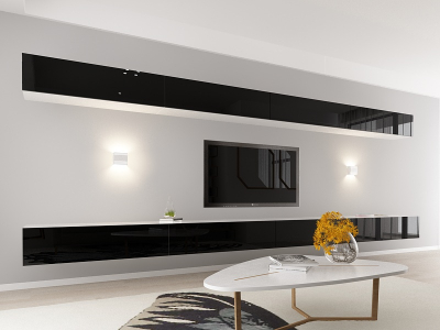 Living QUADRO 11 MDF Alb/Negru Lucios | Set Mobilier Modular Suspendat Premium Configurabil pentru un Living Modern Fără Mânere/Push to Open - Hulgo Mobili [1]