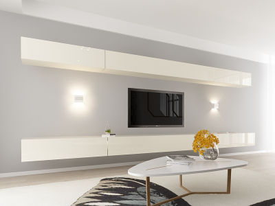 Living QUADRO 11 MDF Crem Lucios | Set Mobilier Modular Suspendat Premium Configurabil pentru un Living Modern Fără Mânere/Push to Open - Hulgo Mobili [1]