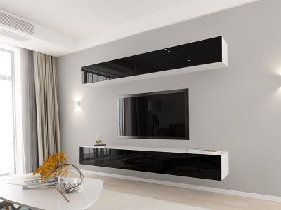 Living QUADRO 12 MDF Alb/Negru Lucios | Set Mobilier Modular Suspendat Premium Configurabil pentru un Living Modern Fără Mânere/Push to Open - Hulgo Mobili [1]