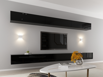 Living QUADRO 13 MDF Negru Lucios | Set Mobilier Modular Suspendat Premium Configurabil pentru un Living Modern Fără Mânere/Push to Open - Hulgo Mobili [1]