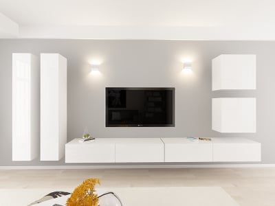Living QUADRO 14 MDF Alb Lucios | Set Mobilier Modular Suspendat Premium Configurabil pentru un Living Modern Fără Mânere/Push to Open - Hulgo Mobili