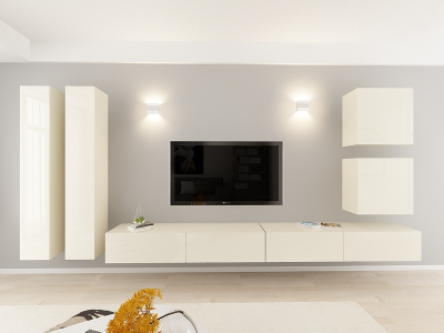 Living QUADRO 14 MDF Crem Lucios | Set Mobilier Modular Suspendat Premium Configurabil pentru un Living Modern Fără Mânere/Push to Open - Hulgo Mobili [0]