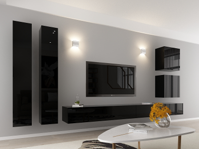 Living QUADRO 14 MDF Negru Lucios | Set Mobilier Modular Suspendat Premium Configurabil pentru un Living Modern Fără Mânere/Push to Open - Hulgo Mobil [1]