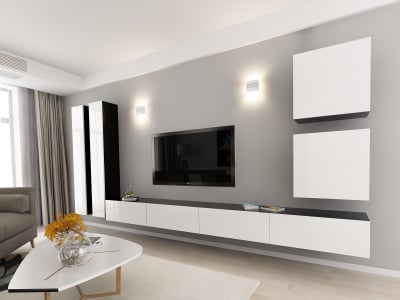 Living QUADRO 14 MDF Negru/Alb Lucios | Set Mobilier Modular Suspendat Premium Configurabil pentru un Living Modern Fără Mânere/Push to Open - Hulgo Mobili [1]