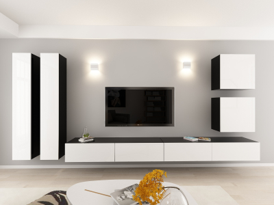 Living QUADRO 14 MDF Negru/Alb Lucios | Set Mobilier Modular Suspendat Premium Configurabil pentru un Living Modern Fără Mânere/Push to Open - Hulgo Mobili
