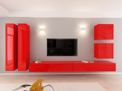 Colectia QUADRO - Living QUADRO 14 MDF Rosu Lucios | Set Mobilier Modular Suspendat Premium Configurabil pentru un Living Modern Fără Mânere/Push to Open - Hulgo Mobili