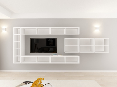 Living QUADRO 15 MDF Alb/Negru Lucios | Set Mobilier Modular Suspendat Premium Configurabil pentru un Living Modern Fără Mânere/Push to Open - Hulgo Mobili [3]