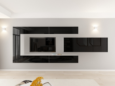 Colectia QUADRO - Living QUADRO 15 MDF Alb/Negru Lucios | Set Mobilier Modular Suspendat Premium Configurabil pentru un Living Modern Fără Mânere/Push to Open - Hulgo Mobili