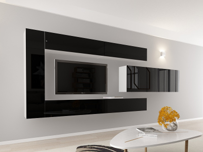 Living QUADRO 15 MDF Alb/Negru Lucios | Set Mobilier Modular Suspendat Premium Configurabil pentru un Living Modern Fără Mânere/Push to Open - Hulgo Mobili [1]