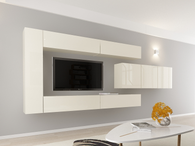 Living QUADRO 15 MDF Crem Lucios | Set Mobilier Modular Suspendat Premium Configurabil pentru un Living Modern Fără Mânere/Push to Open - Hulgo Mobili [1]