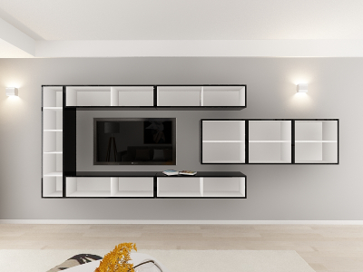 Living QUADRO 15 MDF Negru Lucios | Set Mobilier Modular Suspendat Premium Configurabil pentru un Living Modern Fără Mânere/Push to Open - Hulgo Mobili [7]