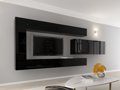 Living QUADRO 15 MDF Negru Lucios | Set Mobilier Modular Suspendat Premium Configurabil pentru un Living Modern Fără Mânere/Push to Open - Hulgo Mobili [9]
