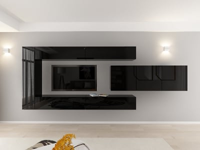 Living QUADRO 15 MDF Negru Lucios | Set Mobilier Modular Suspendat Premium Configurabil pentru un Living Modern Fără Mânere/Push to Open - Hulgo Mobili [8]