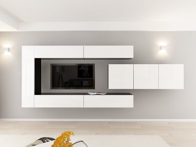 Colectia QUADRO - Living QUADRO 15 MDF Negru/Alb Lucios | Set Mobilier Modular Suspendat Premium Configurabil pentru un Living Modern Fără Mânere/Push to Open - Hulgo Mobili