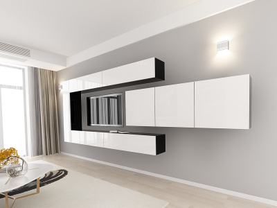 Living QUADRO 15 MDF Negru/Alb Lucios | Set Mobilier Modular Suspendat Premium Configurabil pentru un Living Modern Fără Mânere/Push to Open - Hulgo Mobili [2]