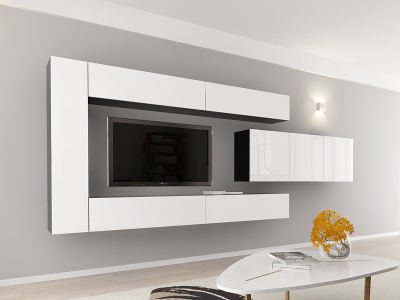 Living QUADRO 15 MDF Negru/Alb Lucios | Set Mobilier Modular Suspendat Premium Configurabil pentru un Living Modern Fără Mânere/Push to Open - Hulgo Mobili [1]