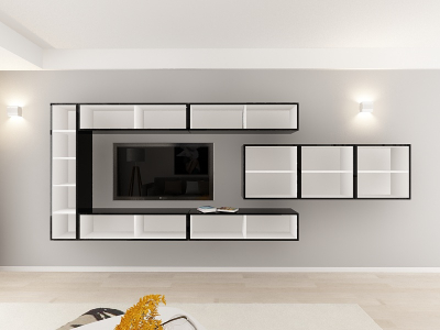 Living QUADRO 15 MDF Negru/Alb Lucios | Set Mobilier Modular Suspendat Premium Configurabil pentru un Living Modern Fără Mânere/Push to Open - Hulgo Mobili [3]