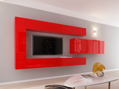 Living QUADRO 15 MDF Rosu Lucios | Set Mobilier Modular Suspendat Premium Configurabil pentru un Living Modern Fără Mânere/Push to Open - Hulgo Mobili [1]