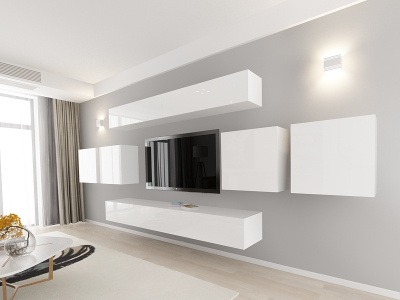 Living QUADRO 16 MDF Alb Lucios | Set Mobilier Modular Suspendat Premium Configurabil pentru un Living Modern Fără Mânere/Push to Open - Hulgo Mobili [2]