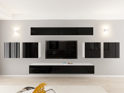 Colectia QUADRO - Living QUADRO 16 MDF Alb/Negru Lucios | Set Mobilier Modular Suspendat Premium Configurabil pentru un Living Modern Fără Mânere/Push to Open - Hulgo Mobili