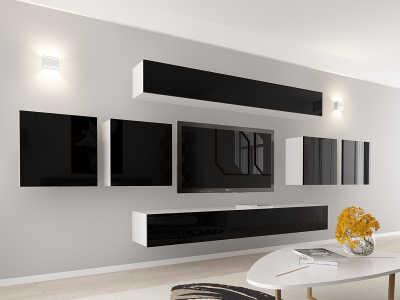 Living QUADRO 16 MDF Alb/Negru Lucios | Set Mobilier Modular Suspendat Premium Configurabil pentru un Living Modern Fără Mânere/Push to Open - Hulgo Mobili [1]