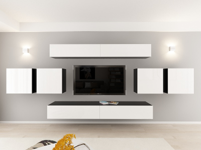 Living QUADRO 16 MDF Negru/Alb Lucios | Set Mobilier Modular Suspendat Premium Configurabil pentru un Living Modern Fără Mânere/Push to Open - Hulgo Mobili