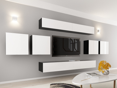 Living QUADRO 16 MDF Negru/Alb Lucios | Set Mobilier Modular Suspendat Premium Configurabil pentru un Living Modern Fără Mânere/Push to Open - Hulgo Mobili [1]