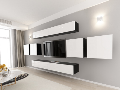 Living QUADRO 16 MDF Negru/Alb Lucios | Set Mobilier Modular Suspendat Premium Configurabil pentru un Living Modern Fără Mânere/Push to Open - Hulgo Mobili [2]