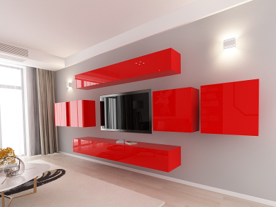 Living QUADRO 16 MDF Rosu Lucios | Set Mobilier Modular Suspendat Premium Configurabil pentru un Living Modern Fără Mânere/Push to Open - Hulgo Mobili [2]