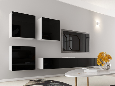 Living QUADRO 17 MDF Alb/Negru Lucios | Set Mobilier Modular Suspendat Premium Configurabil pentru un Living Modern Fără Mânere/Push to Open - Hulgo Mobili [1]