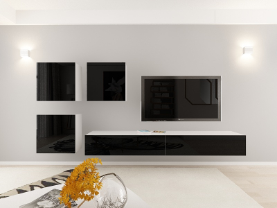 Living QUADRO 17 MDF Alb/Negru Lucios | Set Mobilier Modular Suspendat Premium Configurabil pentru un Living Modern Fără Mânere/Push to Open - Hulgo Mobili