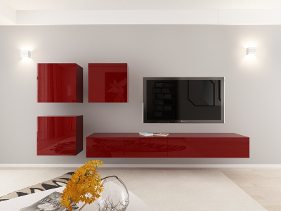 Living QUADRO 17 MDF Bordo Lucios | Set Mobilier Modular Suspendat Premium Configurabil pentru un Living Modern Fără Mânere/Push to Open - Hulgo Mobili